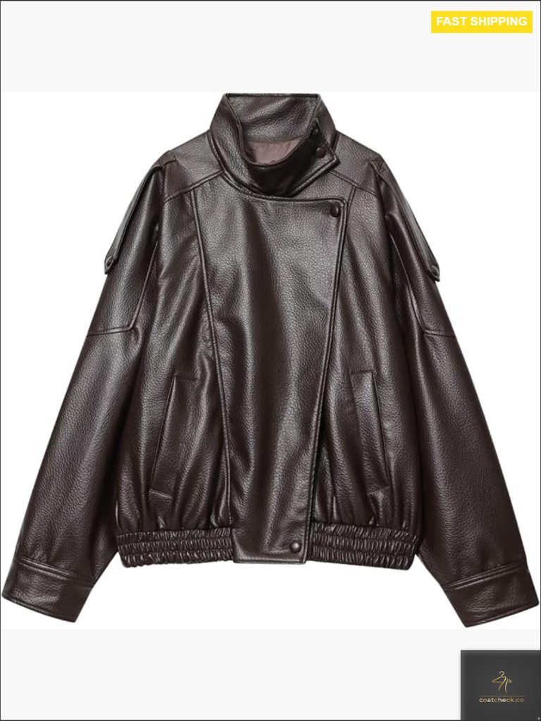 Oversized Faux Leather Jacket Motorcycle Coat Long Sleeve High Collar Zip Up